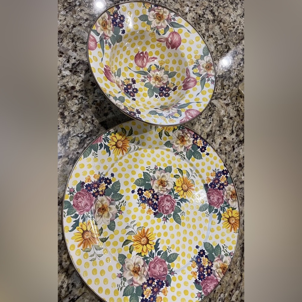Mackenzie Childs Buttercup pattern. Large platter and serving bowl. Enamelware.